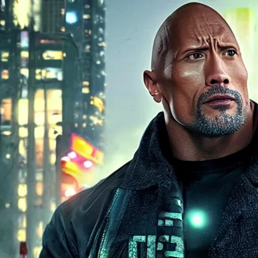 Image similar to Dwayne Johnson on the street in the night of cyberpunk city, bright lighting, high quality, ultra detailed , full body