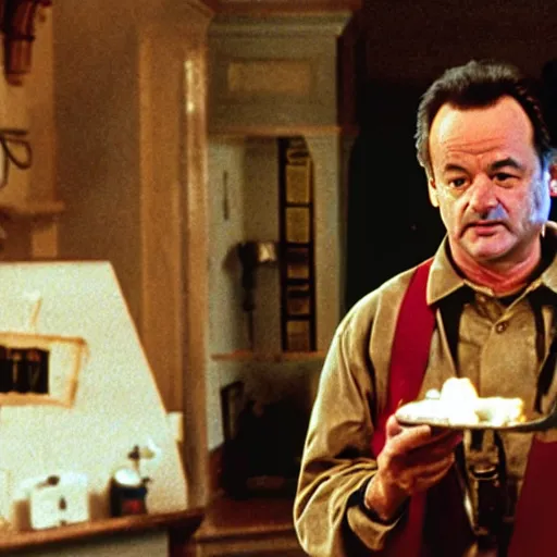 Image similar to film still of bill murray as Peter venkman, setting out a cheese and wine platter