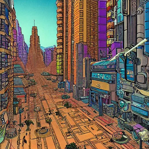 Image similar to cyberpunk city street in the style of Jean Giraud, Moebius