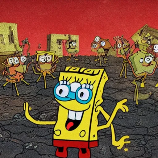 Prompt: Sponge Bob visiting Dante's inferno