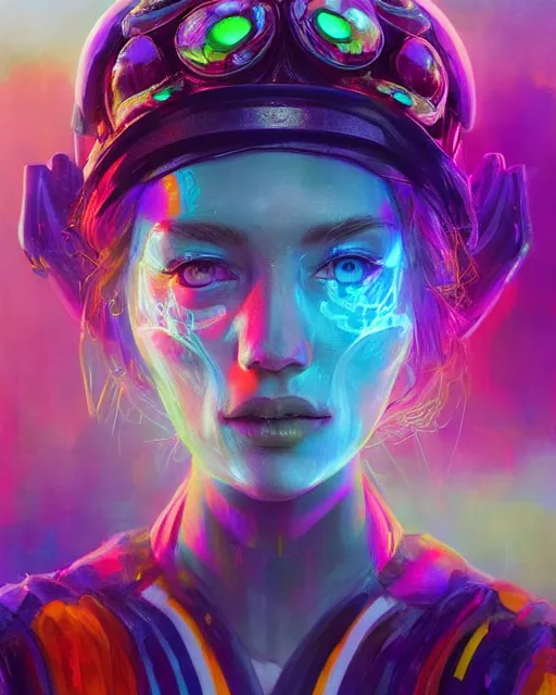 Image similar to colorful portrait of a hippie, set in the future 2 1 5 0 | highly detailed | very intricate | symmetrical | professional model | cinematic lighting | award - winning | painted by mandy jurgens and ross tran | pan futurism, dystopian, bold psychedelic colors, cyberpunk, groovy vibe, anime aesthestic | featured on artstation