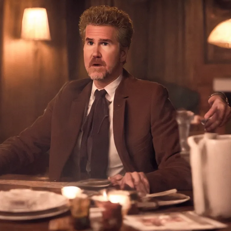 Prompt: will farrell in twin peaks, movie still, 8 k, hdr, atmospheric lighting