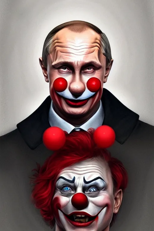 Prompt: vladimir putin as a stupid clown, funny, laughing, cartoonish, realistic portrait, symmetrical, highly detailed, digital painting, artstation, concept art, smooth, sharp focus, illustration, cinematic lighting, art by artgerm and greg rutkowski and alphonse mucha