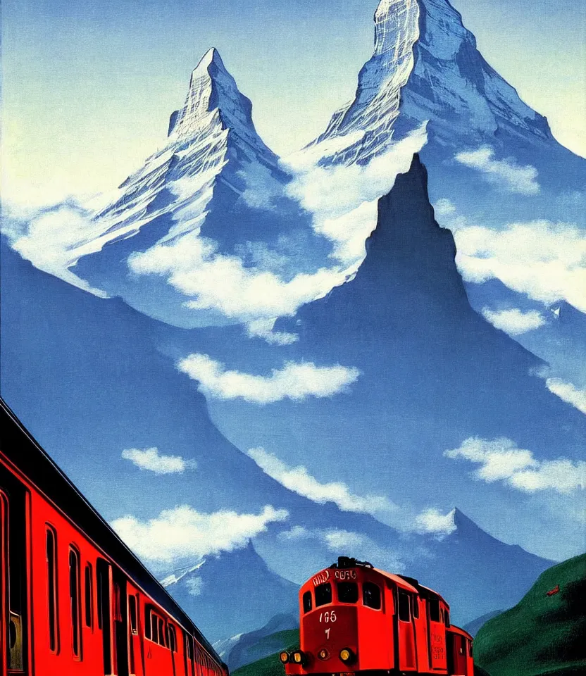 Prompt: an achingly beautiful print of a train on the matterhorn inside by raphael, hopper, and rene magritte. detailed, proportional, romantic, vibrant, enchanting, trending on artstation