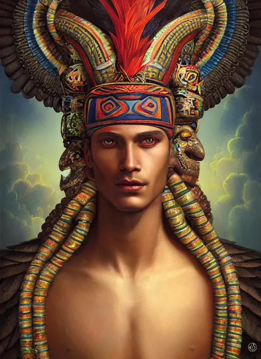 Prompt: portrait of aztec masculine god quetzalcoatl, by bogdan rezunenko and denys tsiperko and tom bagshaw, magic realism