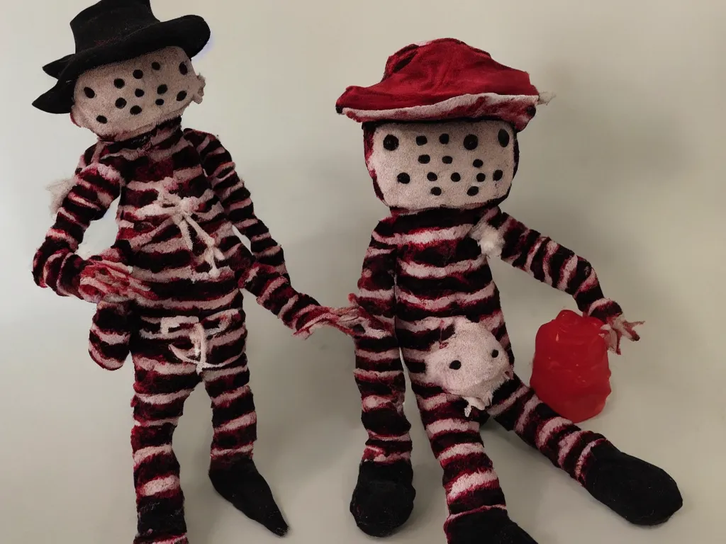 Prompt: A photograph of a cute plush doll that looks like Freddy Krueger, from the horror movie