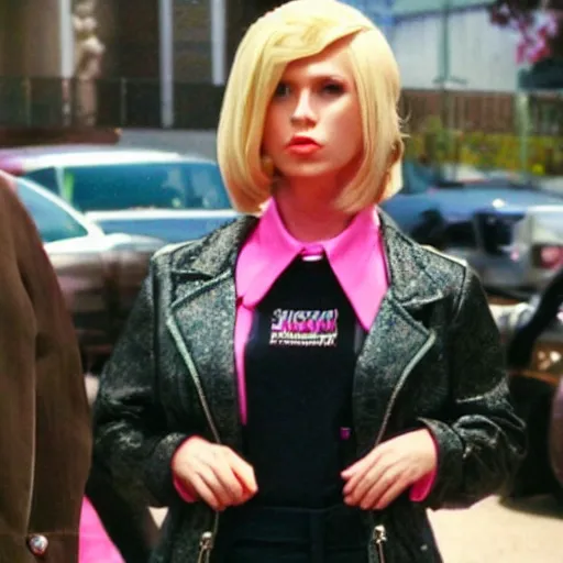 Image similar to A female mafia character with blond hair and pink clothing