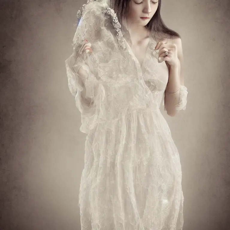 Prompt: hight focus of a wonderful realistic focused sweet wonderful symmetrical mid portrait of a lonely woman with a detailed wonderful, majestic, large semi transparent cream cotton dress ornate with semi transparent cotton roses and semi transparent white veils, dramatic light, octane render - 8 k