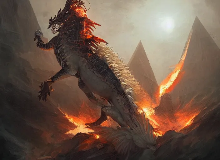 Prompt: luxurious white chinese dragon deatroying the cyberpunk egyptian pyramid with intense destructive fire 🔥, by greg rutkowski, james jean, peter mohrbacher, rule of thirds, sigma look, beautiful, intricate, majestic, award winning