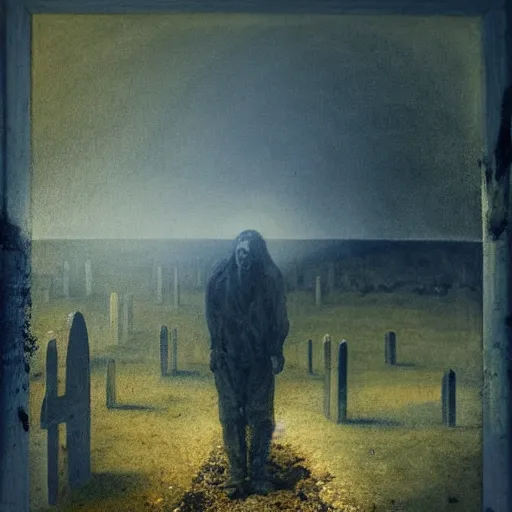 Image similar to one man in a cemetery digging up a dead body, by nicola samori, painting, 8 k, high detail, blue, orange, and dark green tones, high quality, sad feeling, high detail, dark colors, sinister atmosphere, dramatic lighting, cinematic, establishing shot, extremely high detail, photo realistic, cinematic lighting, album cover