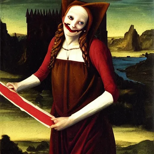 Image similar to an oil painting of an extremely ugly pale vampire woman smiling with skin condition in expensive renaissance dress, Renaissance painting, Renaissance Port City background, vampire teeth, 1450, holding paper fan