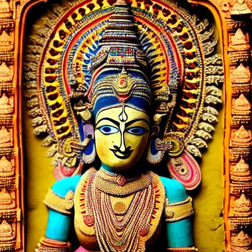 Image similar to a woman wearing an armor and head - dress. the armor and head - dress is made out of the colors, textures and sculptures of the meenakshi temple in madurai. intricate. detailed.