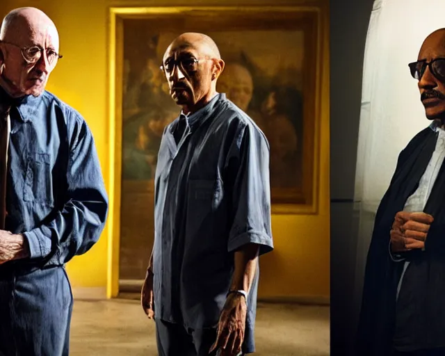 Image similar to jonathan banks as mike ehrmantraut and giancarlo esposito as gustavo fring from breaking bad, cinematic lighting, renaissance portrait, oil painting