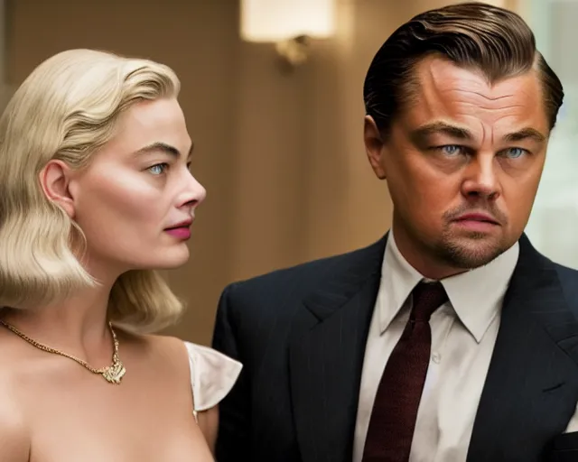 Prompt: leonardo dicaprio as the wolf of wall street next to margot robbie as naomi from the wolf of wall street, cinematic, long shot, hyper detailed, hyper realistic faces, 8 5 mm photograph, 8 k resolution, film still, sharp lens, wide lens