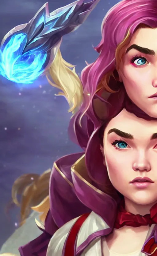 Image similar to Florence Pugh as a character in the game League of Legends, with a background based on the game League of Legends, detailed face, old 3d graphics