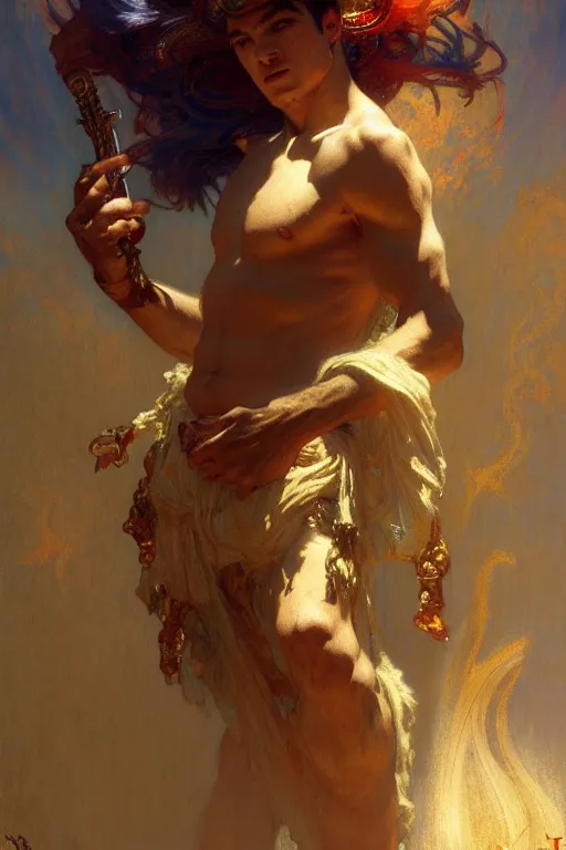 Image similar to god of music, male character design, painting by gaston bussiere, craig mullins, greg rutkowski, alphonse mucha, trending on artstation