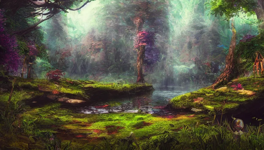 Prompt: sword stuck in a pond island, rainy enchanted forest of the ancients, moody high exposure, vibrant deep saturated colors, digital painting, concept art, highly detailed, visual novel