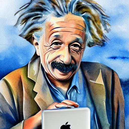 Prompt: Einstein working on beach with MacBook in AirPods, detailed, high res, watercolors on canvas