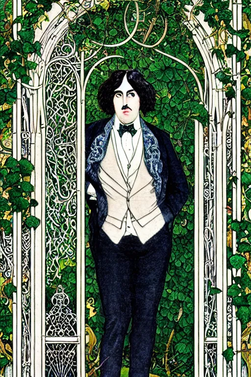 Prompt: realistic portrait of oscar wilde in the center of an ornate gothic gate with ivy, detailed art by kay nielsen and walter crane, illustration style, watercolor