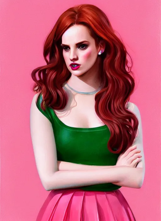 Image similar to full body portrait of teenage cheryl blossom, bangs, green eyes, sultry expression, red hair, sultry smirk, bangs and wavy hair, pink skirt, bangs, intricate, elegant, glowing lights, highly detailed, digital painting, artstation, concept art, smooth, sharp focus, illustration, art by wlop, mars ravelo and greg rutkowski