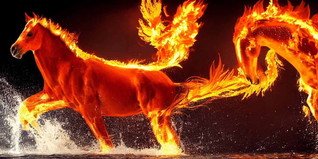 Prompt: horse made of fire running on water