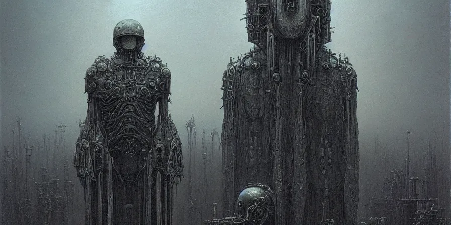 Prompt: Adeptus Mechanicus tech priest, Zdzislaw Beksinski, Wayne Barlowe, Joe Fenton, gothic, biomorphic, amazing details, dystopian, surrealism, cold hue's, warm tone gradient background