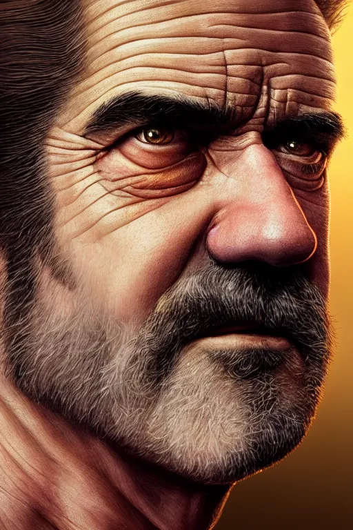 Image similar to ultra detailed close up facial portrait of mel gibson, extremely detailed digital painting, in the style of fenghua zhong and ruan jia and jeremy lipking and peter mohrbacher, mystical colors, rim light, beautiful lighting, 8 k, stunning scene, raytracing, octane, trending on artstation