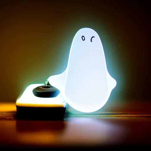 Image similar to glowing ghost flying out of a telephone dial on a table in a dark office, highly detailed