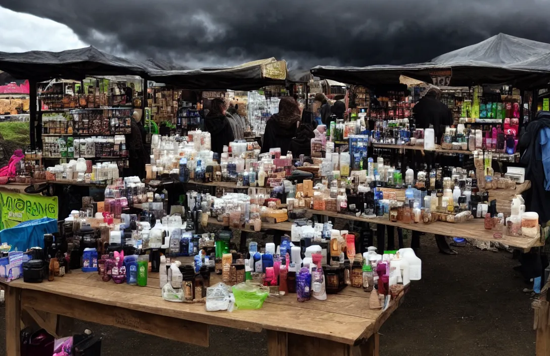 Image similar to market stall in Mordor with dark sky. An orc is selling dark toiletries and body parts