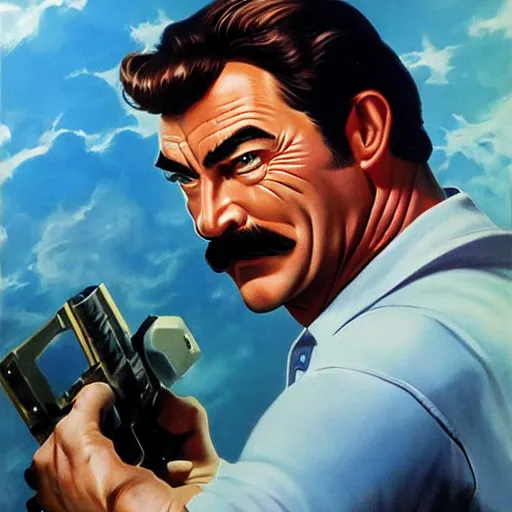 Image similar to ultra realistic portrait painting of tom selleck as vault boy, art by frank frazetta, 4 k, ultra realistic, highly detailed, epic lighting