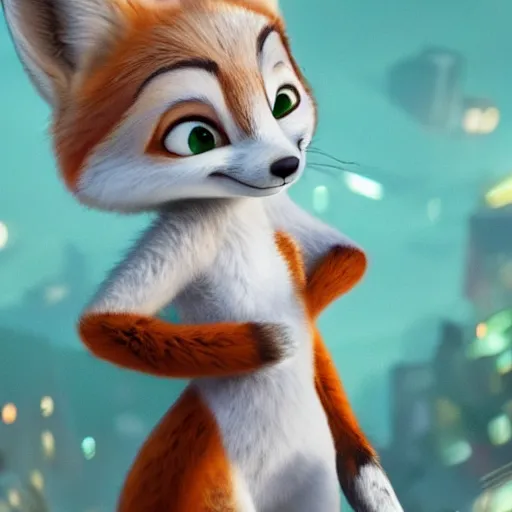 Prompt: upper half portrait of a anthropomorphic female fox with short completely white fur covering her body in the style of zootopia, far shot, completely white