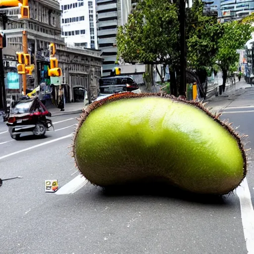 Prompt: huge kiwi fruit cut in half in the middle of the street, photographed