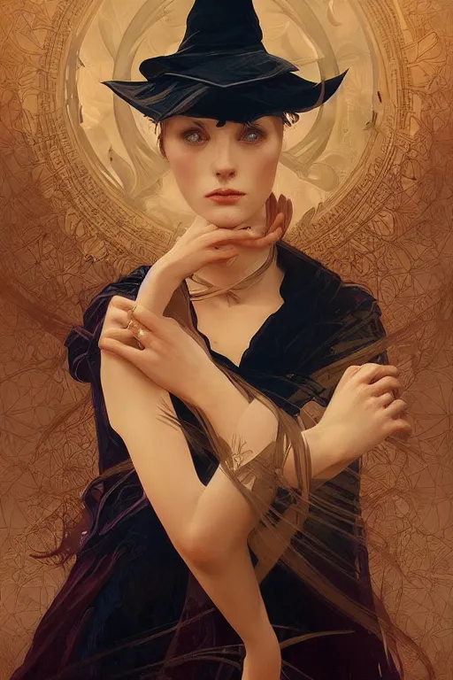 Image similar to Witch, digital painting, portrait, elegant, cinematic lighting, mysterious, highly detailed, artstation, concept art, illustration, smooth, sharp focus, editor's pickup, trending on artstation, trending on deviantart, alphonse mucha, WLOP