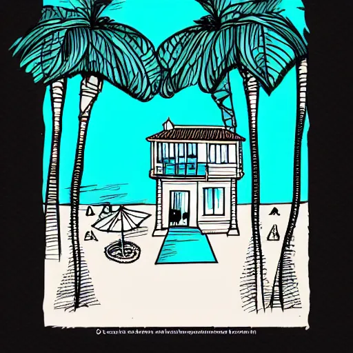 Image similar to imaginative drawing of a beach house, black ink outline, cel - shading, bright color shading