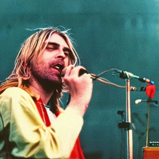 Prompt: “A colorful kodak film photo of Kurt Cobain roaring into microphone on a concert with Moscow kremlin in the background”