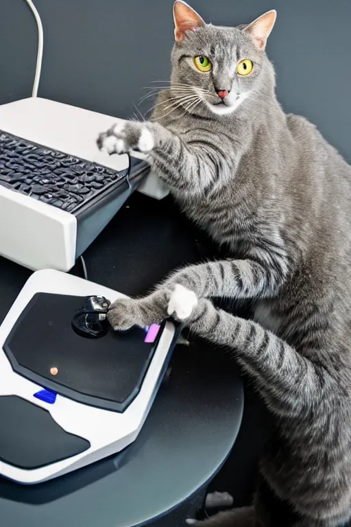 Prompt: robotic cat eating a computer mouse