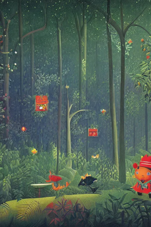 Prompt: night jungle, forest, stars, highly detailed, unreal engine render concept art, style of henri rousseau and richard scarry and hiroshi yoshida