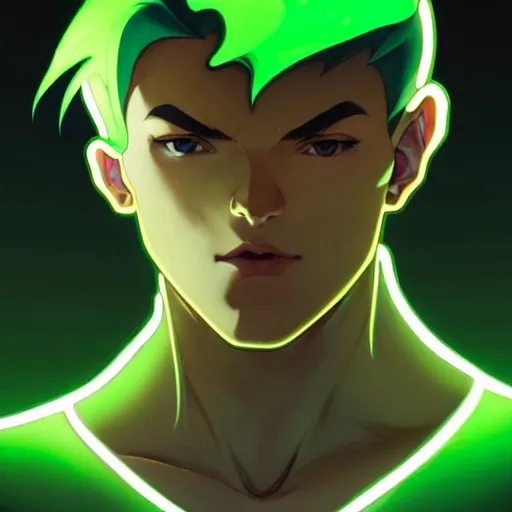 Image similar to a face portrait character design by artgerm, cushart krenz, greg rutkowski and alphonse mucha. young danny phantom!! glowing green eyes!! bold outline sharp edges. ultra clear detailed. 8 k. elegant, neon colors, symmetry, intricate complexity, epic composition, magical atmosphere, cinematic lighting masterpiece trending on artstation 8 k octane render.