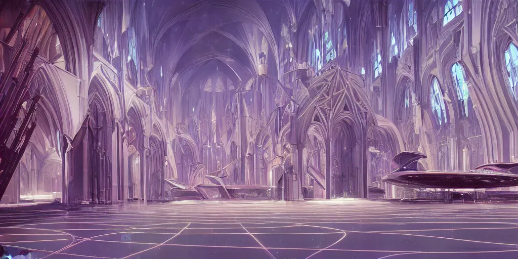 Prompt: a futuristic cathedral interior with holograms all over, ralph maquarrie and syd mead cinematic painting, 4 k