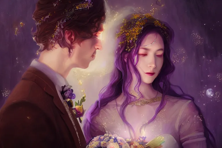 Image similar to a dreamlike cinematic portrait of wedding photograph close up moment of a divine a russia sun god and moon goddess lovers magician at a wedding banquet. portraiture. digital painting. artstation. concept art. fantasy wedding photo. digital painting, 8 k realistic, hyper detailed, violet evergarden art masterpiece by art by krenz cushart