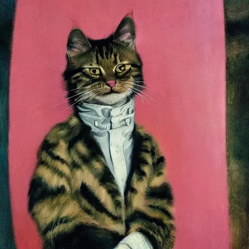 Prompt: fuzzy furry ears Portrait of Man camouflaged as Tabby Cat whilst wearing a pink tuxedo Standing atop a Garbage Truck Newell Convers Wyeth Andrew Wyeth Jamie Wyeth