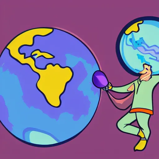 Image similar to cartoon illustration of a bear mascot being launched from a futuristic marble planet, purple and orange cloudland