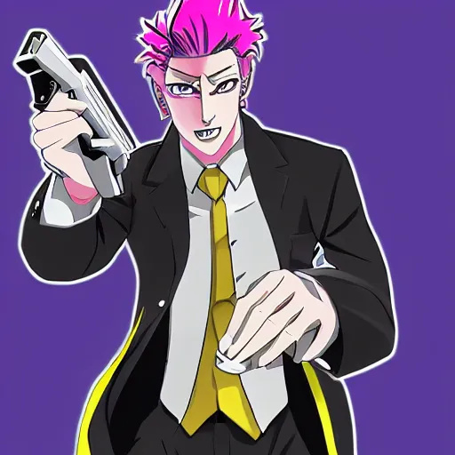 Image similar to kira yoshikage with a gun, high quality anime art