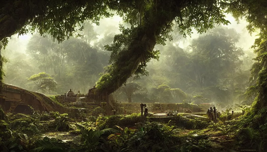 Prompt: a beautiful painting of an archaeological excavation of the battlestar galactia in a lush jungle, ray traced lighting by kalin popov and greg rutkowski