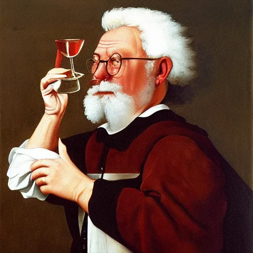 Image similar to Colonel Sanders holding a tankard, drunk. Painted by Caravaggio, high detail