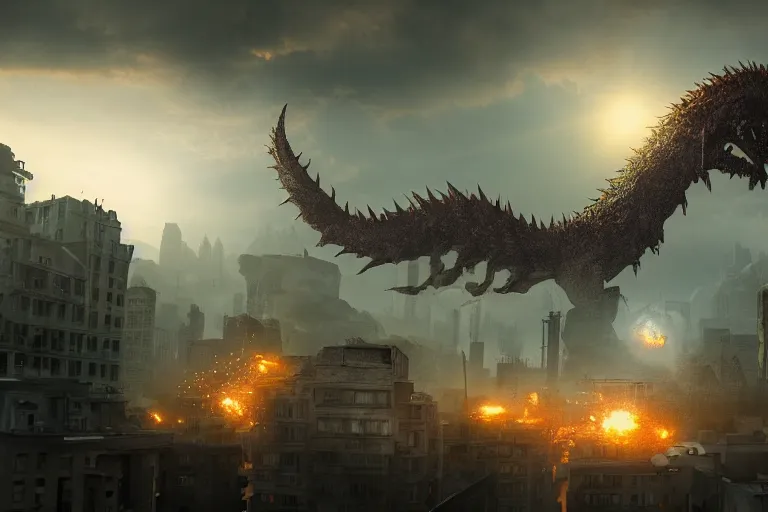 Prompt: beautiful apocalyptic scene of a kaiju attacking a city, concept art trending on artstation, volumetric lighting, 8k