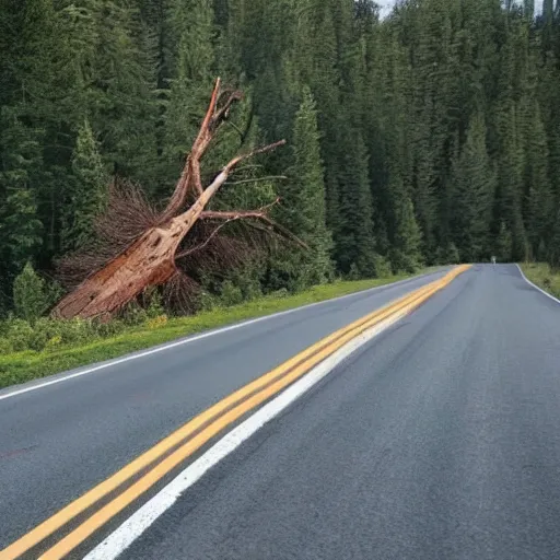 Prompt: fallen tree in highway traffic. Sasquatch peeking out from forest