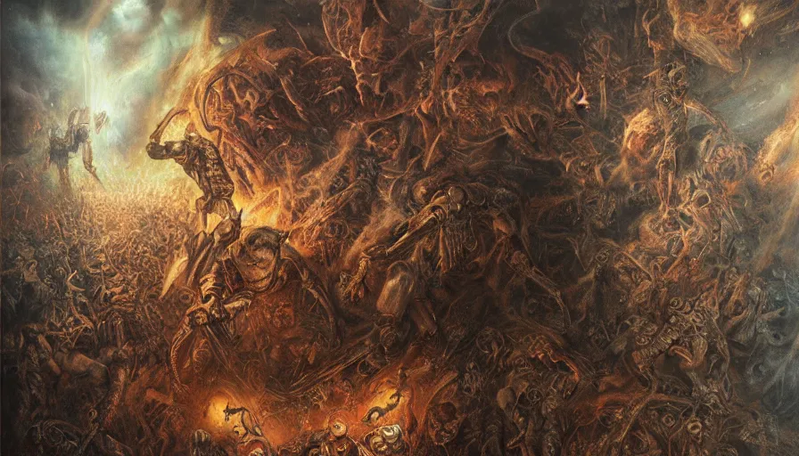 Image similar to robocop fighting demons in hell by agostino arrivabene