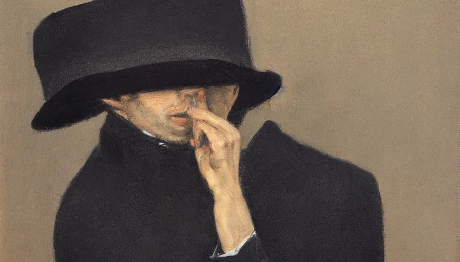 Prompt: painting by borremans, man agent in a black coat and black hat, detailed, stunning