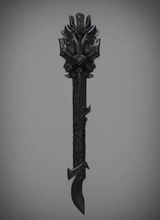 Image similar to a black long sword skull crest, orthographic, ornament, weapon, a 3 d render by dom qwek, front side full, trending on polycount, artstation, hard surface modeling, rendered in maya, 3 ds max, blender, hd, vray, berserk first person view, symmetry